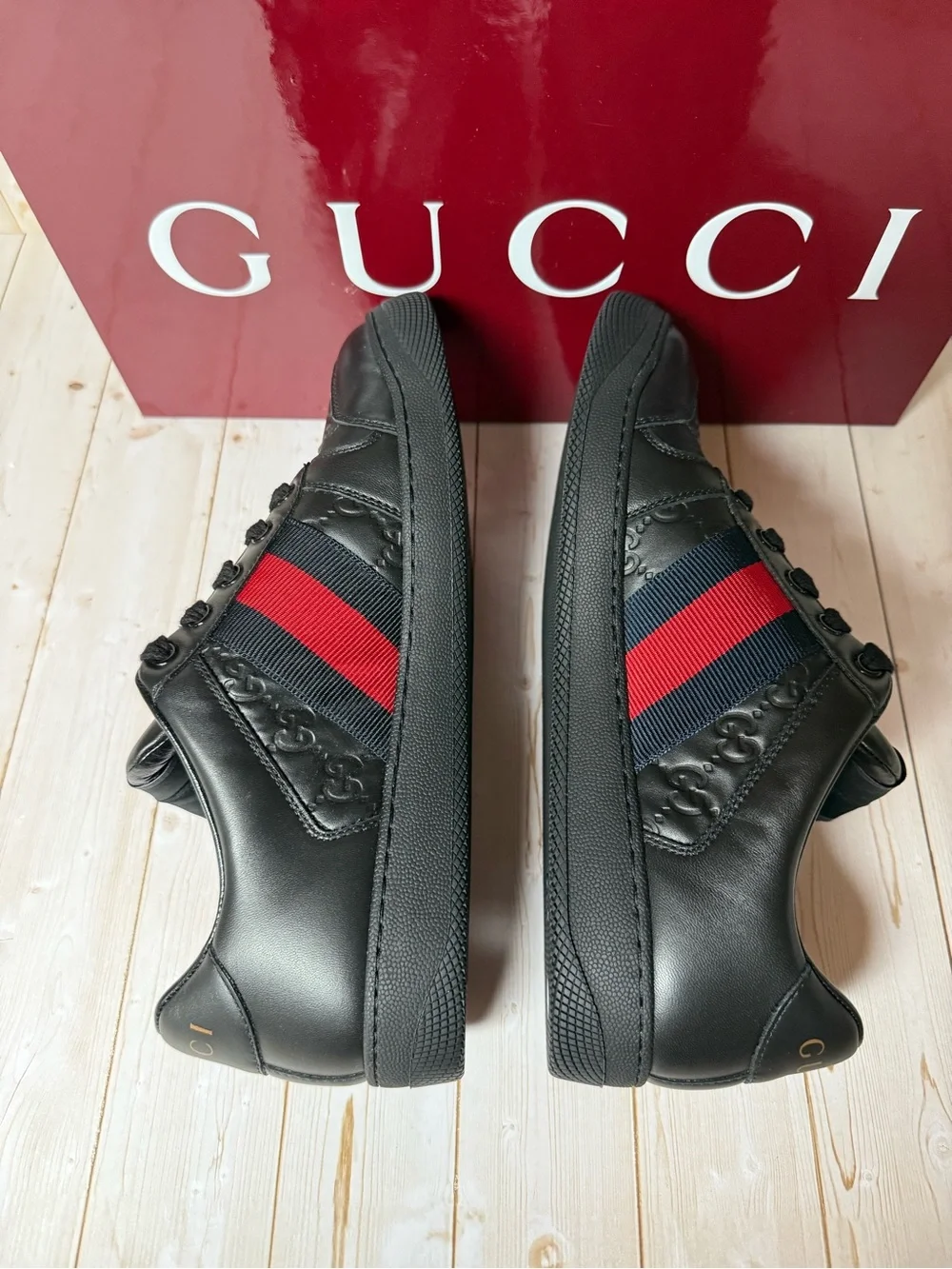 Gucci Men’s Black Leather Sneakers with Red & Navy Stripe